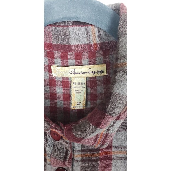 American Rag Shirt Womens Red Gray Plaid Button M Peplum Casual Back To School - Picture 3 of 11